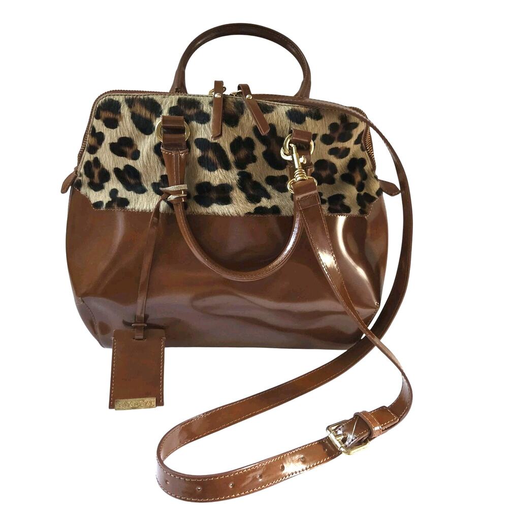 IACUCCI Italy Leather Leopard Haircalf Satchel Bag Brown Gold Hardware